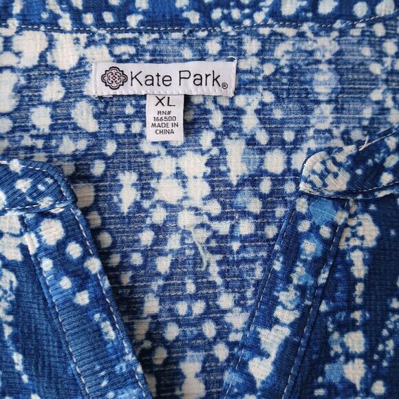 Kate Park Women's Size XL Blue White Blouse Top 3/4 Sleeve Lightweight Packable - Picture 3 of 8